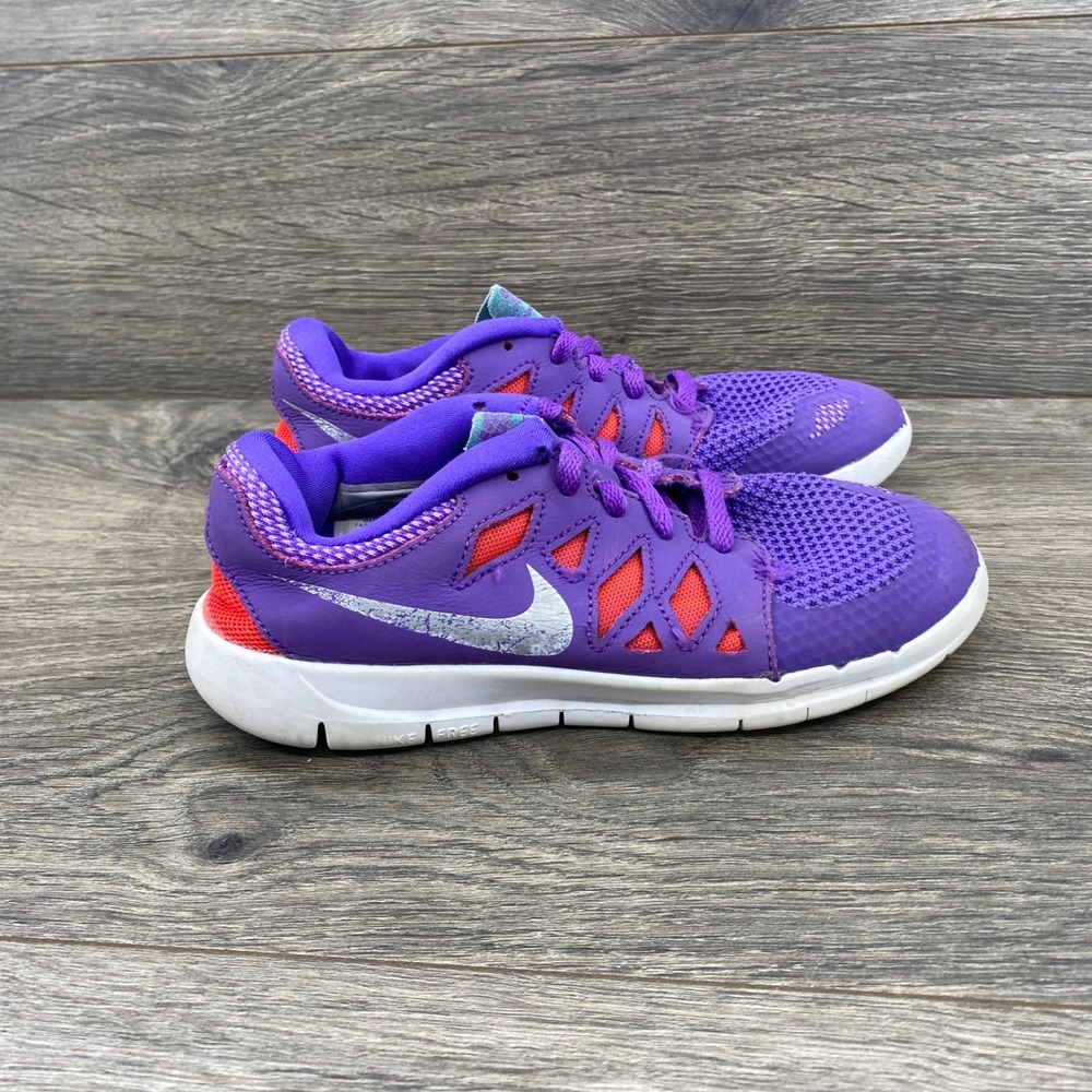 Nike Free 5.0 Running Shoes Kids Size 2Y Purple Orange Mesh Sneakers 644449-500
